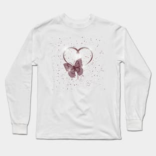 Pretty Dusty Rose Pink Fluttering Winged Butterfly Insect & Heart Long Sleeve T-Shirt